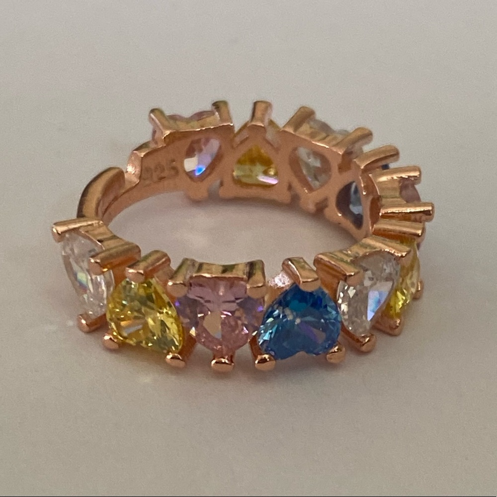 925 Silver heart band ring adjustable size 6 cz stones 14k rose gold plated